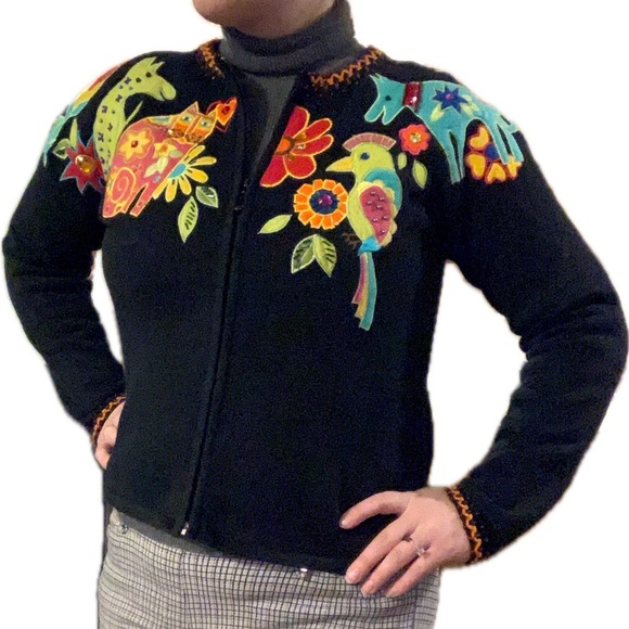 Arriviste Vintage Beaded Embroidered Cat Dog Animals Birds Sweater Small Zip Up - Picture 16 of 17